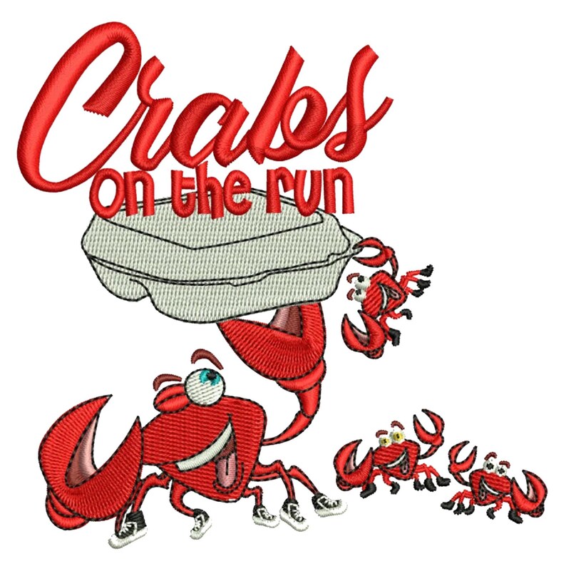 May include: Red crabs with sneakers running with a rock in their claws. The text "Crabs on the run" is above the crabs.