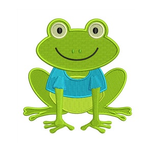 May include: A green frog wearing a blue shirt with a happy expression. The frog has large eyes and a wide smile.