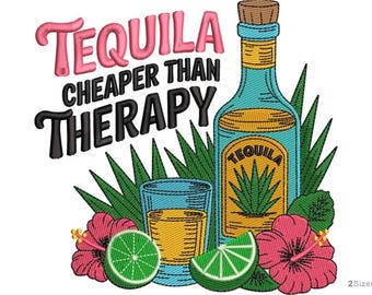 Tropical Tequila Machine Embroidery Design - 2 sizes, Fun Quote with Hibiscus, Flowers and Lime, Summer Party Design