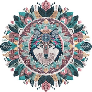 May include: Embroidered design featuring a wolf's face at the center of a detailed mandala. The design incorporates teal, pink, and brown colors, with intricate feather and leaf patterns surrounding the wolf. The image is set against a white background.