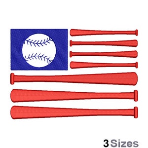 May include: An American flag design with a baseball in the blue field and red baseball bats for the stripes. The text "3 Sizes" is below the image.