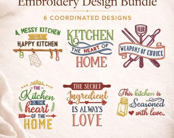 Paquete de patrones de bordado para cocina / Patrón de bordado para hornear / Archivo de bordado "La cocina es el corazón del hogar" / Herramientas de cocina y repostería para bordar
