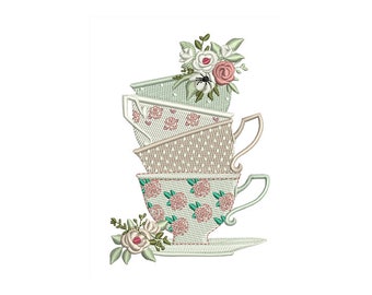 Tea Cups With Flowers - Machine Embroidery Design - 2 Sizes