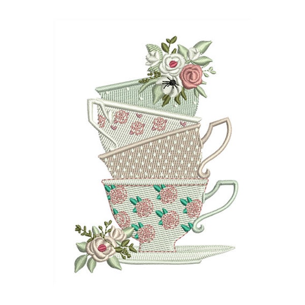 Tea Cups With Flowers - Machine Embroidery Design - 2 Sizes