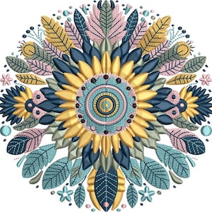 Puede incluir: Un diseño de bordado floral simétrico con un girasol central con pétalos amarillos y un centro turquesa y rosa. El diseño incluye hojas y acentos turquesa, rosa y amarillo, creando un patrón detallado y colorido.