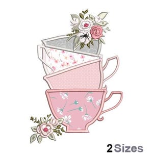 Applique Tea Cups With Flowers Embroidery - Tea Time Embroidery - Machine Embroidery Design - Digital Instant Download - 2 Sizes