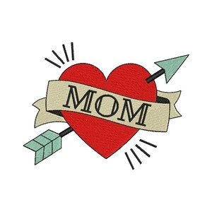 May include: A red heart with an arrow through it and a banner that says "MOM".