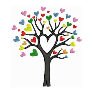May include: A black tree with a heart-shaped opening in the trunk. The branches are covered in colorful hearts in shades of pink, red, yellow, green, and blue.