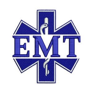 May include: A blue and white star of life with the letters EMT in the center. The star of life is a symbol used by emergency medical services.