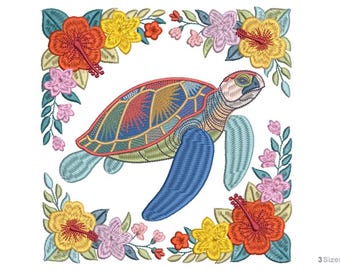 Floral Sea Turtle Machine Embroidery Design - 3 sizes, Ocean Themed Design, Tropical Ocean Turtle with Flowers Pattern