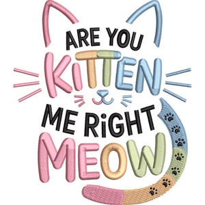 May include: A colorful embroidered design featuring the phrase "ARE YOU KITTEN ME RIGHT MEOW" in bubble letters. The design includes cat ears, whiskers, and a tail with paw prints, perfect for cat lovers.