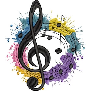 Diseño de bordado a máquina con notas musicales y clave de sol (descarga digital, 2 tamaños)