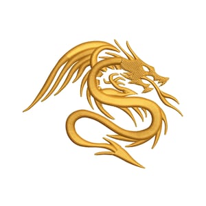 May include: A golden dragon design with intricate details, featuring a serpentine body, wings, and a detailed head. The dragon is rendered in a textured, embroidered style, perfect for apparel or craft projects. The design is set against a plain white background.