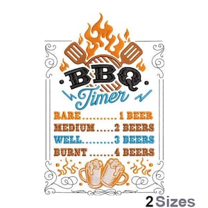 May include: A decorative BBQ timer design with orange flames, a grill, and text. The timer indicates cooking levels: Rare, Medium, Well, and Burnt, each associated with a number of beers. Two beer mugs are at the bottom.
