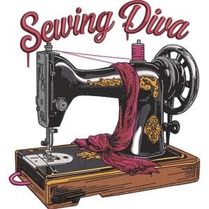 May include: An embroidered design featuring a vintage black sewing machine with gold accents and a spool of pink thread. A length of draped, dark pink fabric is draped over the machine. The words "Sewing Diva" are embroidered above the machine in a cursive font.