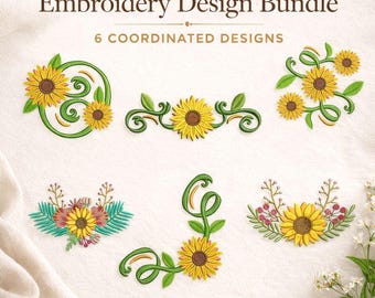 Paquetes de diseños de bordado a máquina con borde de girasol / Conjunto de patrones de bordado de esquinas de girasol decorativo / 6 mini archivos de bordado de girasol
