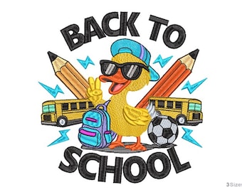 Back to School Duck Machine Embroidery Design - 3 sizes, Kids School Embroidery Pattern, Cute Duck with Backpack & Sunglasses