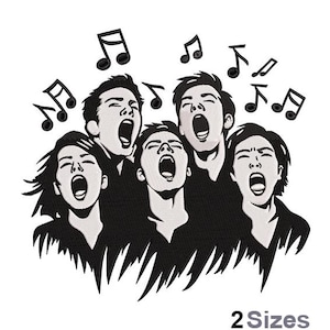 May include: Black and white illustration of four people singing with musical notes around them. The people are silhouetted and have their mouths open as if they are singing.