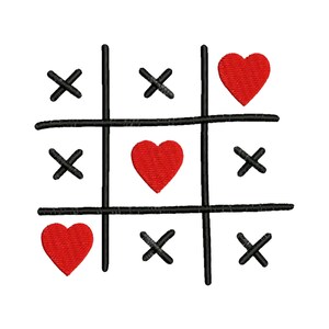 Op de afbeelding: Een tic-tac-toe spel met rode harten en zwarte lijnen. Drie van de vakjes zijn gevuld met rode harten.