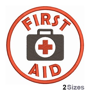 May include: Red circle with the words "FIRST AID" in white, a white cross inside a gray first aid kit, and the words "2 Sizes" below the circle.