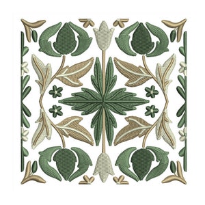 Może przedstawiać: Kwadratowy wzór z powtarzającym się motywem zielonych i beżowych liści i kwiatów. Wzór jest symetryczny i ma vintage'owy charakter.