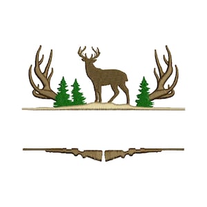 May include: A brown deer silhouette with antlers, standing between two green pine trees. The antlers are on either side of the deer, forming a frame. Two brown rifles are below the deer and trees.