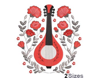 Bloemenborduurwerk mandoline - borduurwerk muzikant - borduurmandoline - machineborduurontwerp - digitale instant download - 2 maten