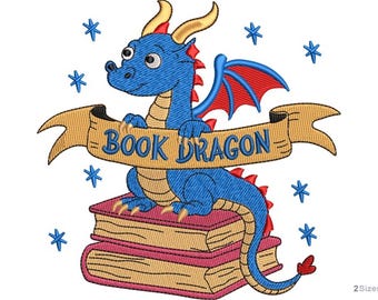 Book Dragon Machine Embroidery Design - 2 sizes, Book Lover Gift, Fantasy Dragon Pattern, Instant Download