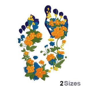 Puede incluir: Diseño bordado de dos huellas de pies llenas de flores coloridas. Las flores son de color naranja, amarillo, azul y verde. Las huellas de pies están delineadas en azul oscuro.