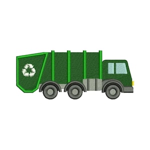 May include: A green recycling truck with a recycle symbol on the side. The truck has four wheels and a cab with a window.