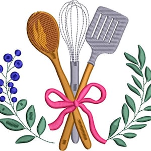 May include: Embroidered design featuring a wooden spoon, whisk, and spatula crossed and tied with a pink ribbon. The kitchen tools are surrounded by a wreath of green leaves and blue berries, perfect for kitchen decor.