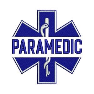May include: A blue and white embroidered patch with a star of life and the word "PARAMEDIC" in white lettering.