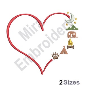 May include: Red heart outline with camping icons inside, including a crescent moon, stars, mountains, a camper, a campfire, a teepee, and a bear paw print.  2 Sizes.