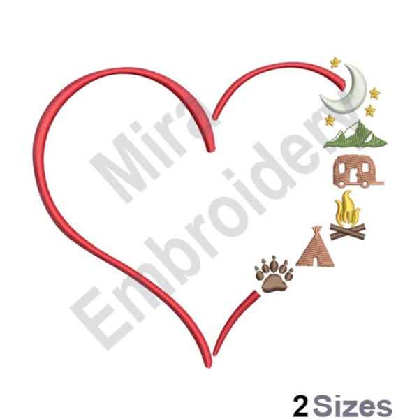 I Love Camping Maschinenstickerei, Camp Fire und Zelt Stickdatei, Berge Stickmuster, Stickdatei Download