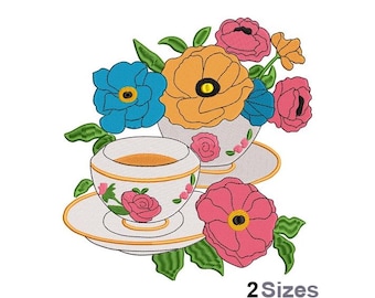 Floral Tea Time Embroidery - Flower Embroidery - Tea Time Embroidery - Machine Embroidery Design - Digital Instant Download - 2 Sizes