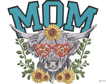Highland Cow Mom Machine Embroidery Design - 2 sizes, Farm Animal Pattern, Western Mama Cow with Sunflowers, Mother’s Day Gift Idea