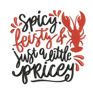 Op de afbeelding: Zwarte en rode grafiek met de tekst "Spicy, feisty & just a little pricey" met een rode kreeft-illustratie.