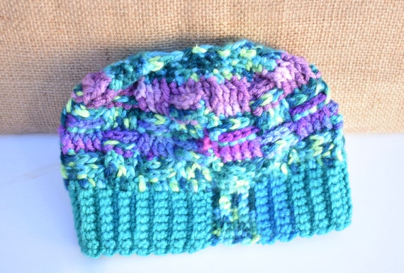 Knitted Pony Tail Beanie Skull Hat Aqua Blues Pur… - image 6