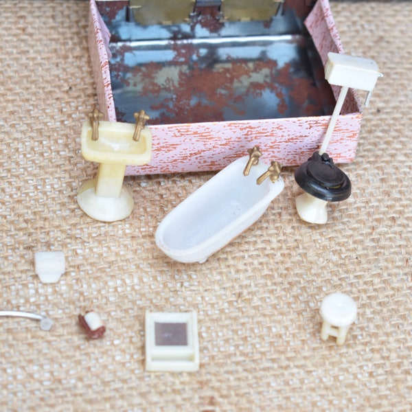 Vintage Miniature Dollhouse Bathroom Fixtures Tub, Sink, Toilet, Mirror & More Stored in Old Brass Hinged Tin Box