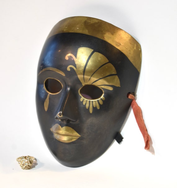 Vintage Mardi Gras Solid Brass Mask Black Tear Drop & Sunburst Eye