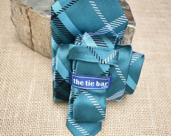 TIE BAR Exceptional Mod Aqua & Navy Blues Black White Diagonal Geometrical Dashes Hand Made Stain Resistant Men's Tie USA Father's Day Gift