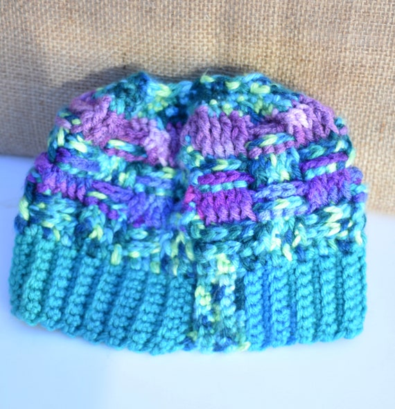 Knitted Pony Tail Beanie Skull Hat Aqua Blues Pur… - image 10