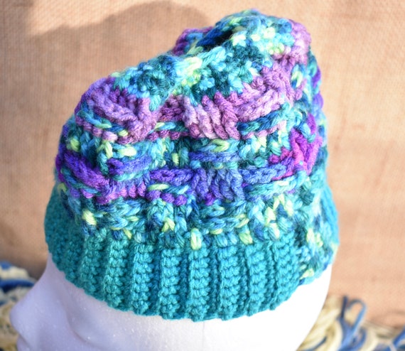 Knitted Pony Tail Beanie Skull Hat Aqua Blues Pur… - image 4