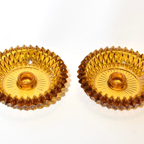 MCM Indiana Glass Amber Gold Diamond Point Taper Candle Holder Set of Two Saw Holders