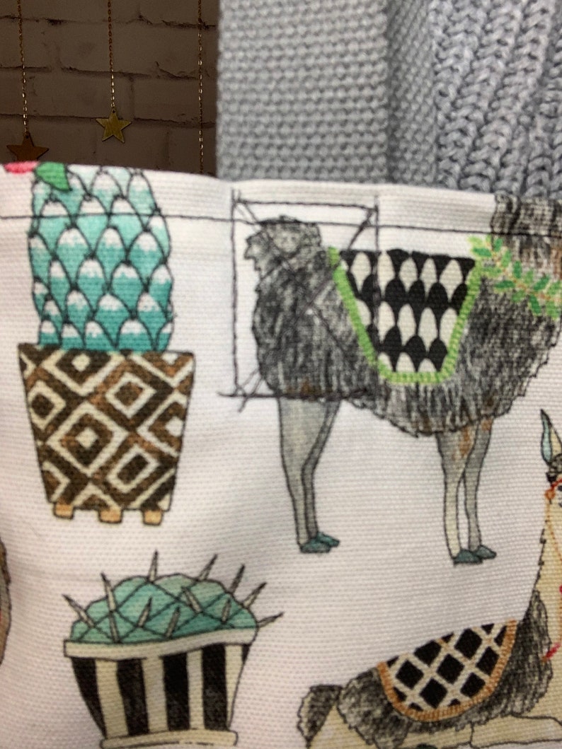 Llama Alpaca Cactus Tote with gray grey handles