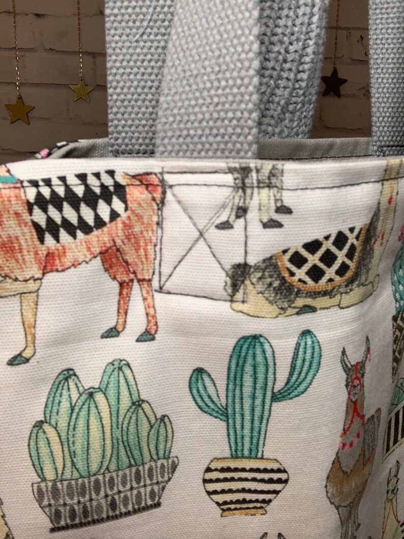 Llama Alpaca Cactus Tote with gray grey handles