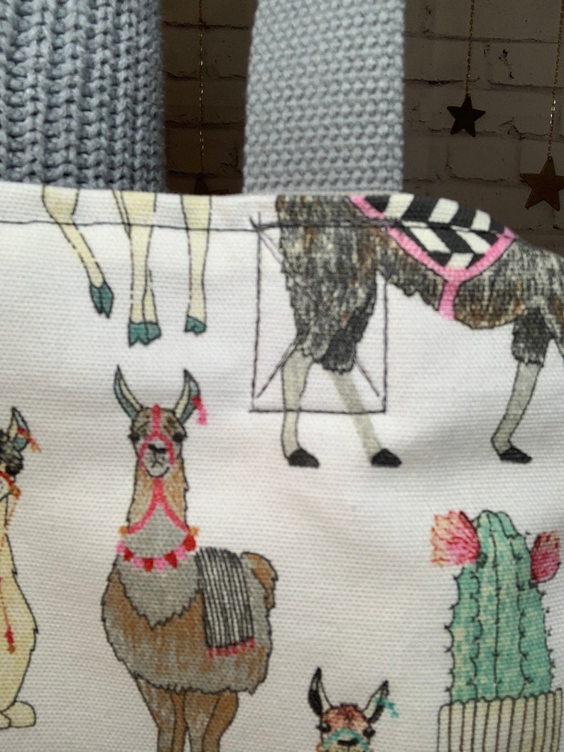 Llama Alpaca Cactus Tote with gray grey handles