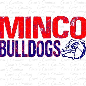 Puede incluir: Gráfico rojo y azul desgastado con el texto "MINCO BULLDOGS" y una mascota de bulldog blanco con collar azul y pinchos.
