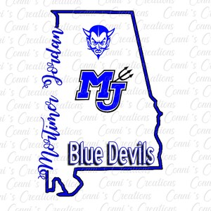 May include: A blue and white outline of the state of Alabama with the text "Blue Devils" and the initials "MJ" in a blue circle with a trident. A cartoon devil's head is in the upper left corner.