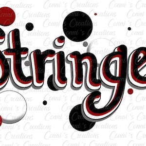 May include: The word "Stringer" in black, white, and red lettering with a 3D effect. The background is white with black and red polka dots.